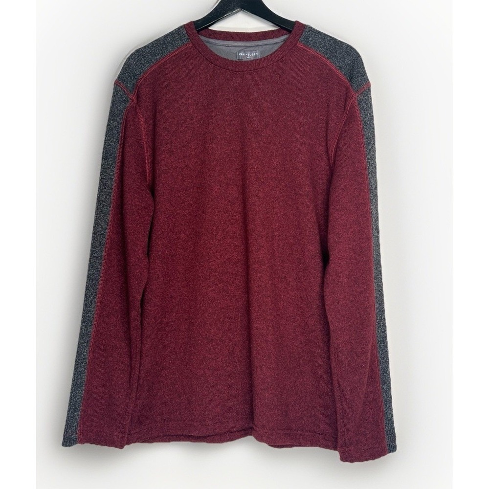 Van Heusen Flex Mens Large Burgundy‎ Gray Fleece Lined Crewneck Pullover Sweater